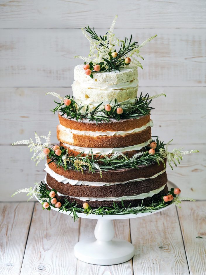Naked three layer white brown green wedding cake